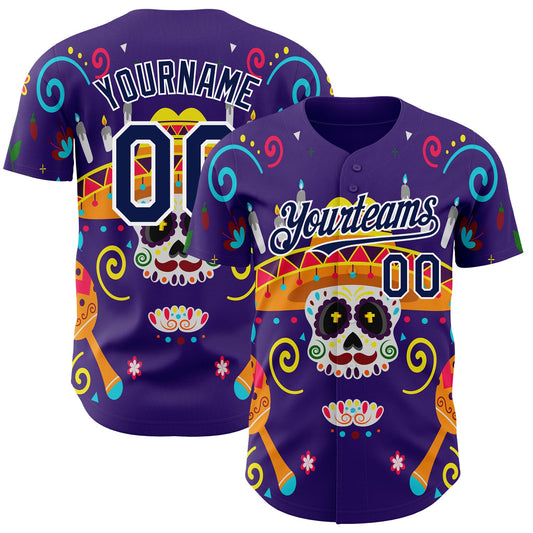 Custom Purple Navy-White 3D Mexican Festival Flower Skull With Sombrero Cinco de Mayo Authentic Baseball Jersey - Main View
