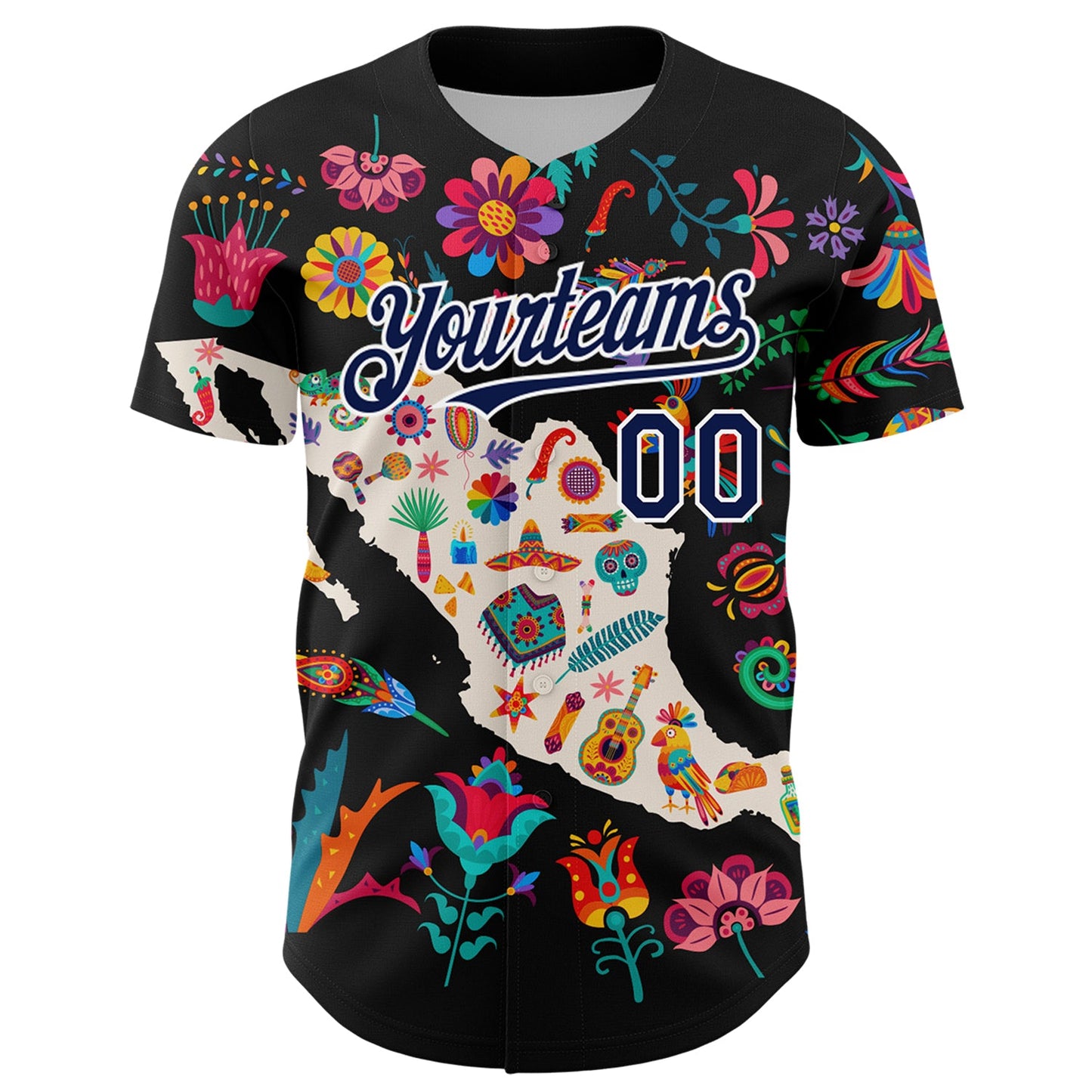 Custom Black Navy-White 3D Mexico Map With Tropical Plant And Animal Authentic Baseball Jersey view 2