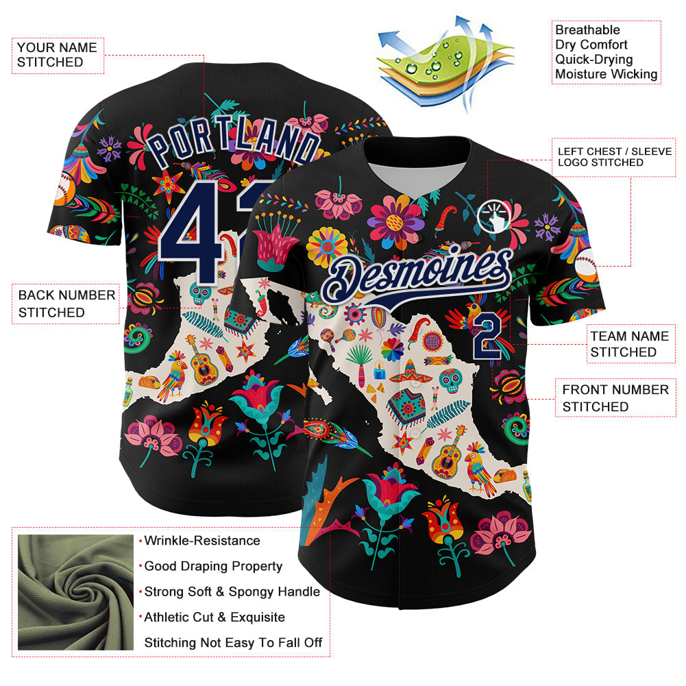Custom Black Navy-White 3D Mexico Map With Tropical Plant And Animal Authentic Baseball Jersey view 3