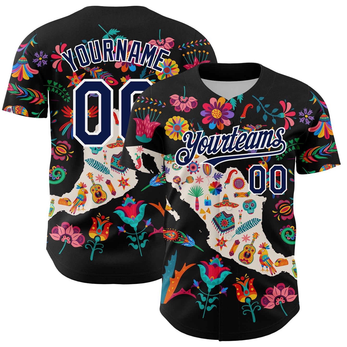 Custom Black Navy-White 3D Mexico Map With Tropical Plant And Animal Authentic Baseball Jersey - Main View