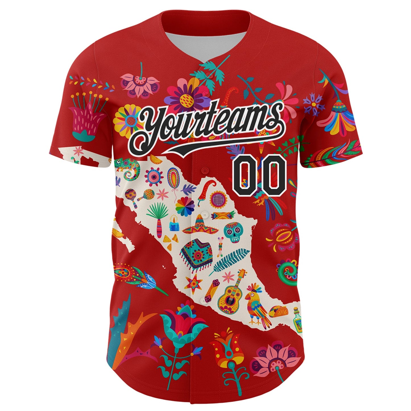 Custom Red Black-White 3D Mexico Map With Tropical Plant And Animal Authentic Baseball Jersey view 2