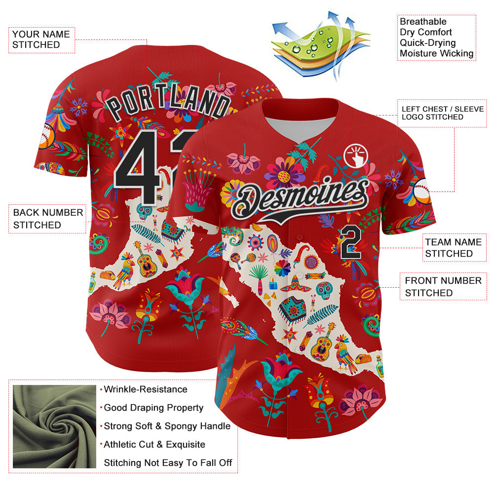 Custom Red Black-White 3D Mexico Map With Tropical Plant And Animal Authentic Baseball Jersey view 3