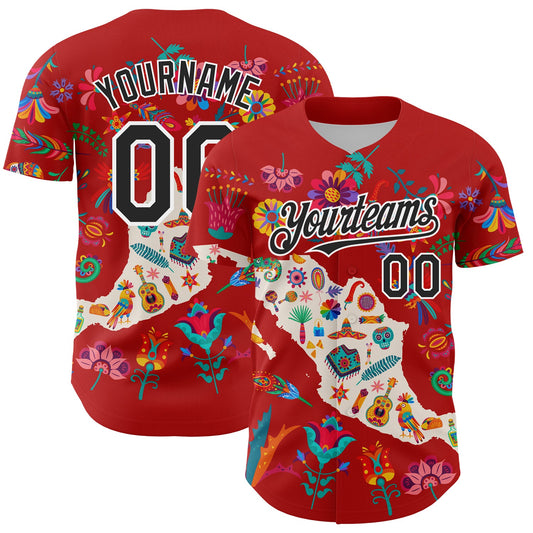 Custom Red Black-White 3D Mexico Map With Tropical Plant And Animal Authentic Baseball Jersey - Main View