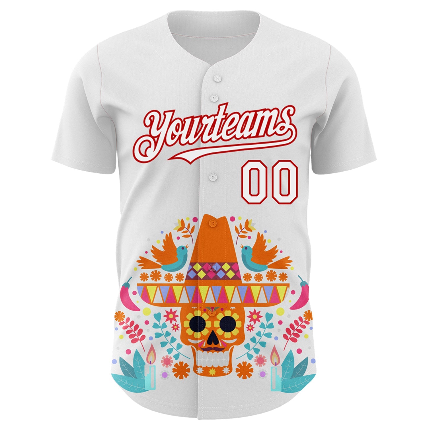 Custom White Red 3D Mexican Festival Flower Skull With Sombrero Cinco de Mayo Authentic Baseball Jersey view 2