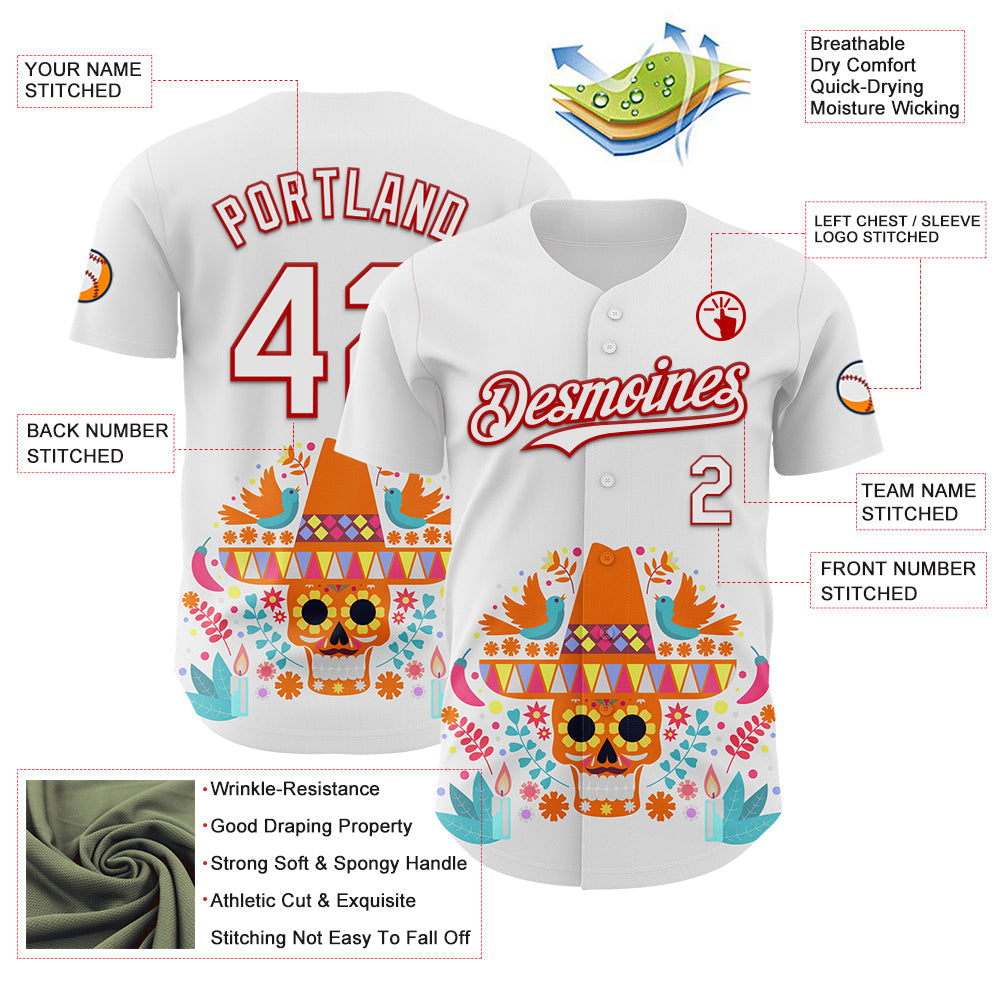 Custom White Red 3D Mexican Festival Flower Skull With Sombrero Cinco de Mayo Authentic Baseball Jersey view 3