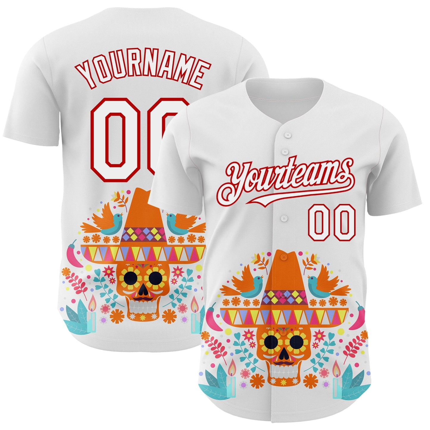 Custom White Red 3D Mexican Festival Flower Skull With Sombrero Cinco de Mayo Authentic Baseball Jersey - Main View