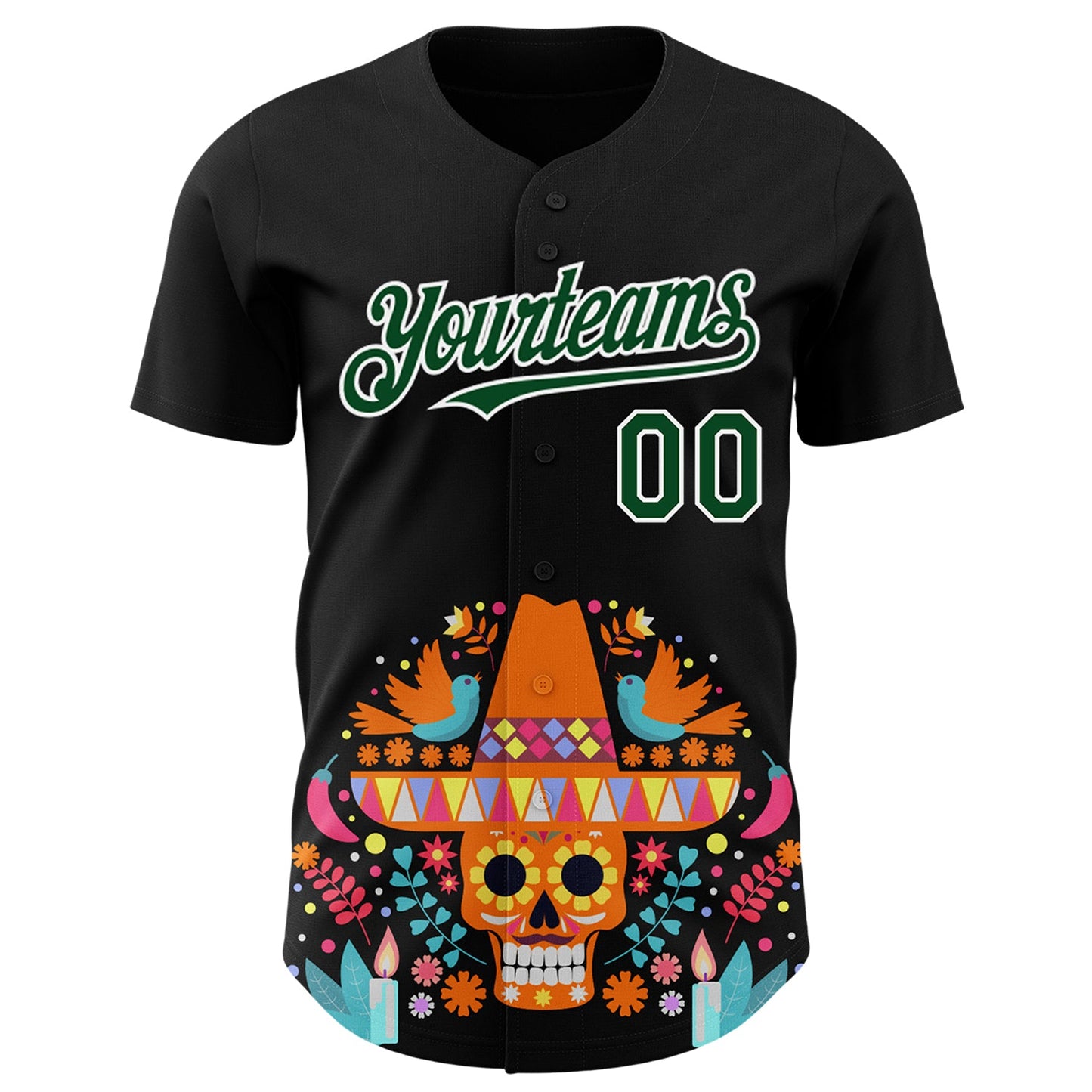 Custom Black Green-White 3D Mexican Festival Flower Skull With Sombrero Cinco de Mayo Authentic Baseball Jersey view 2