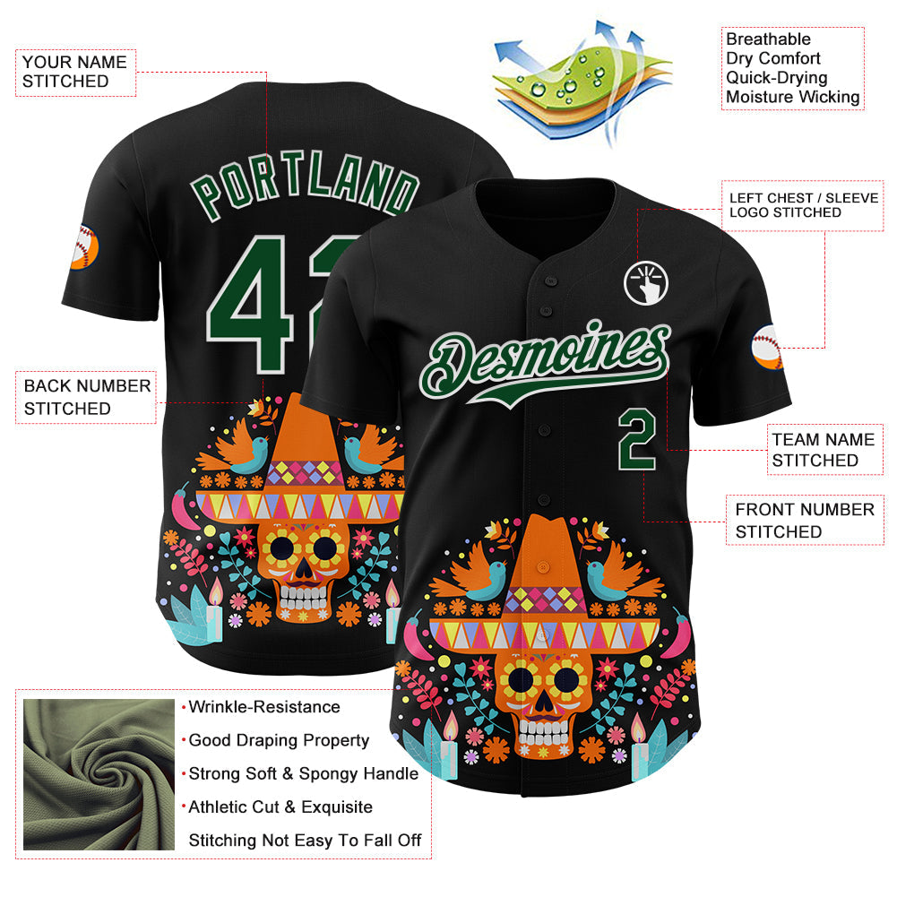 Custom Black Green-White 3D Mexican Festival Flower Skull With Sombrero Cinco de Mayo Authentic Baseball Jersey view 3