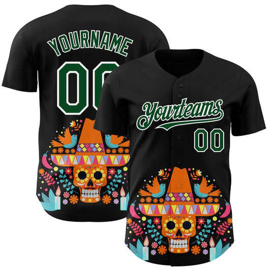 Custom Black Green-White 3D Mexican Festival Flower Skull With Sombrero Cinco de Mayo Authentic Baseball Jersey - Main View