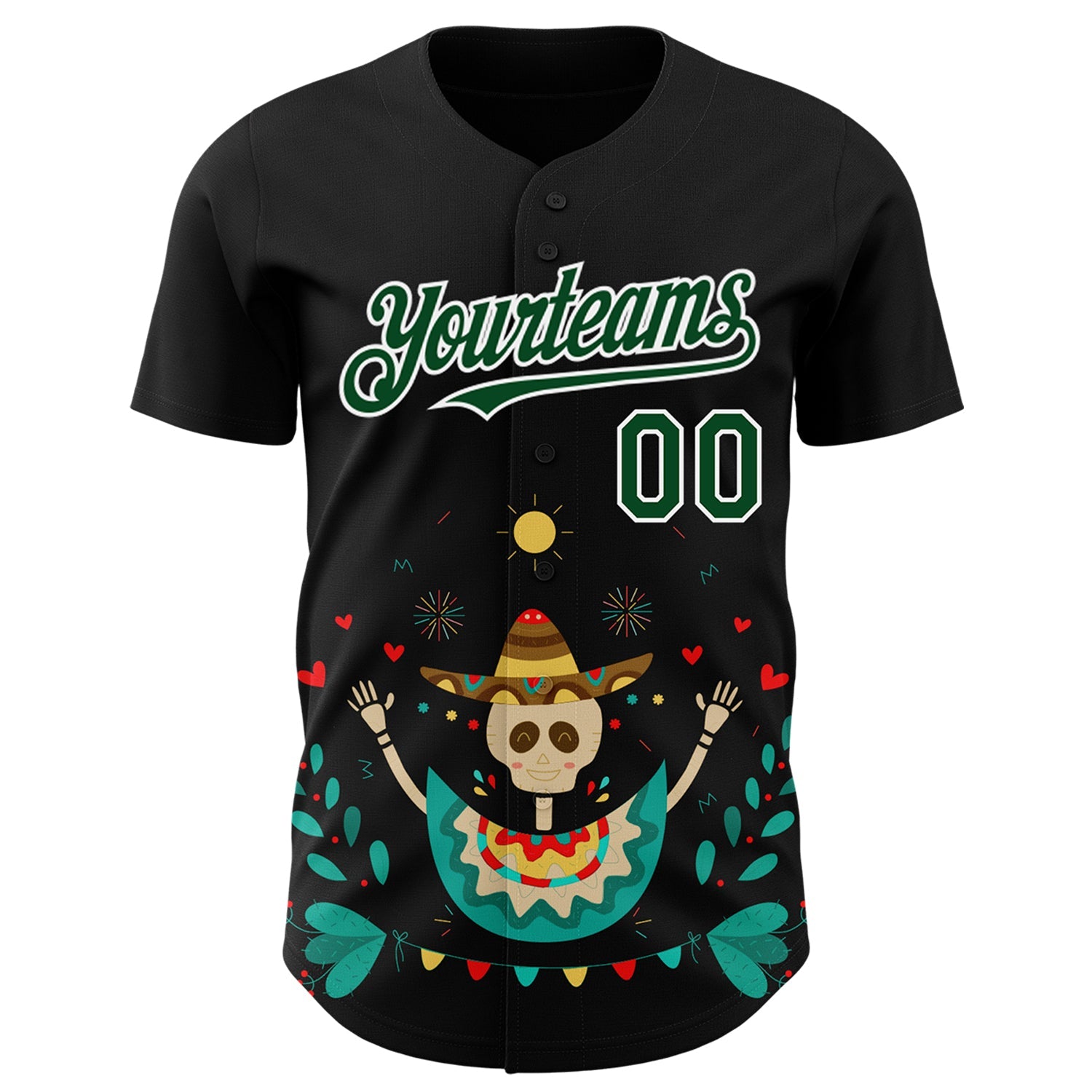 Custom Black Green-White 3D Mexican Festival Flower Skull With Sombrero Cinco de Mayo Authentic Baseball Jersey view 2