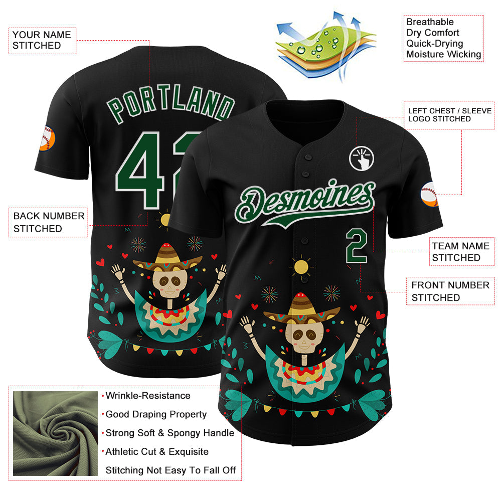 Custom Black Green-White 3D Mexican Festival Flower Skull With Sombrero Cinco de Mayo Authentic Baseball Jersey view 3
