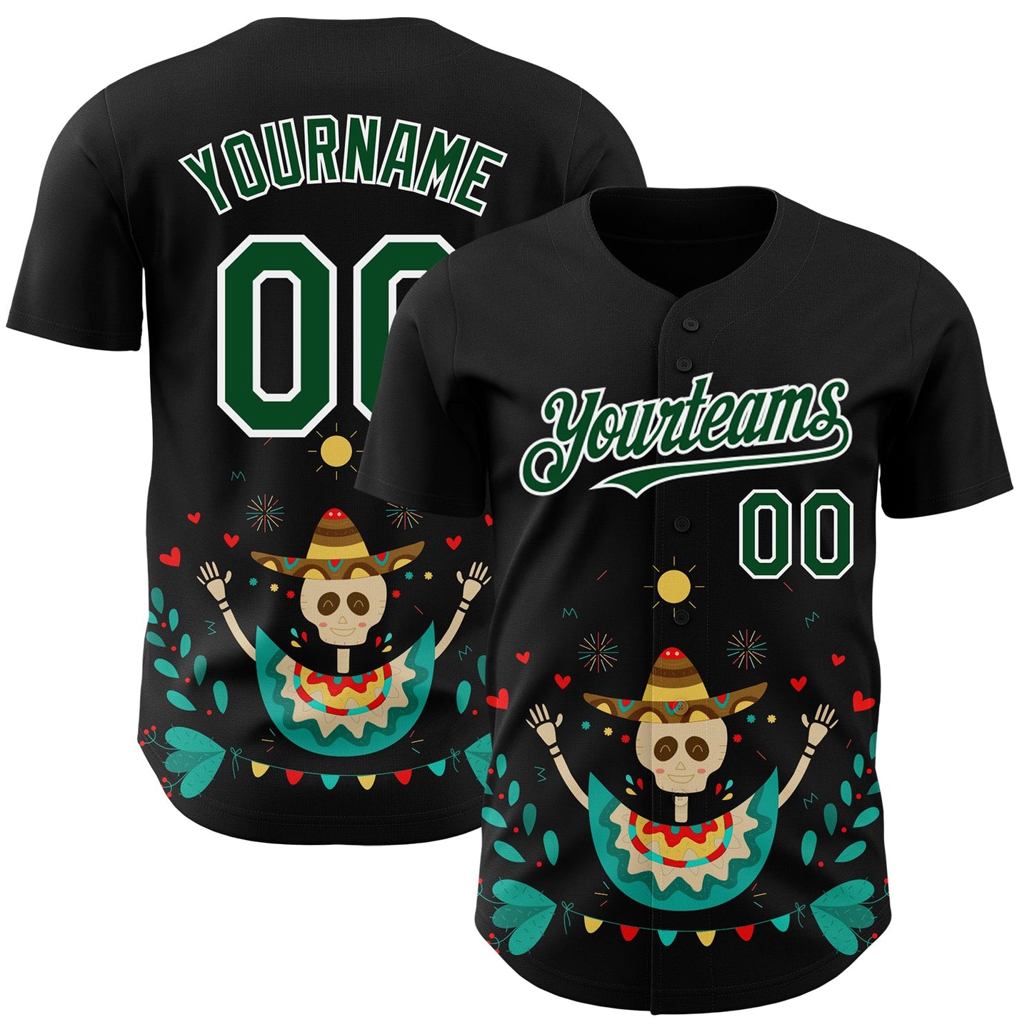 Custom Black Green-White 3D Mexican Festival Flower Skull With Sombrero Cinco de Mayo Authentic Baseball Jersey - Main View
