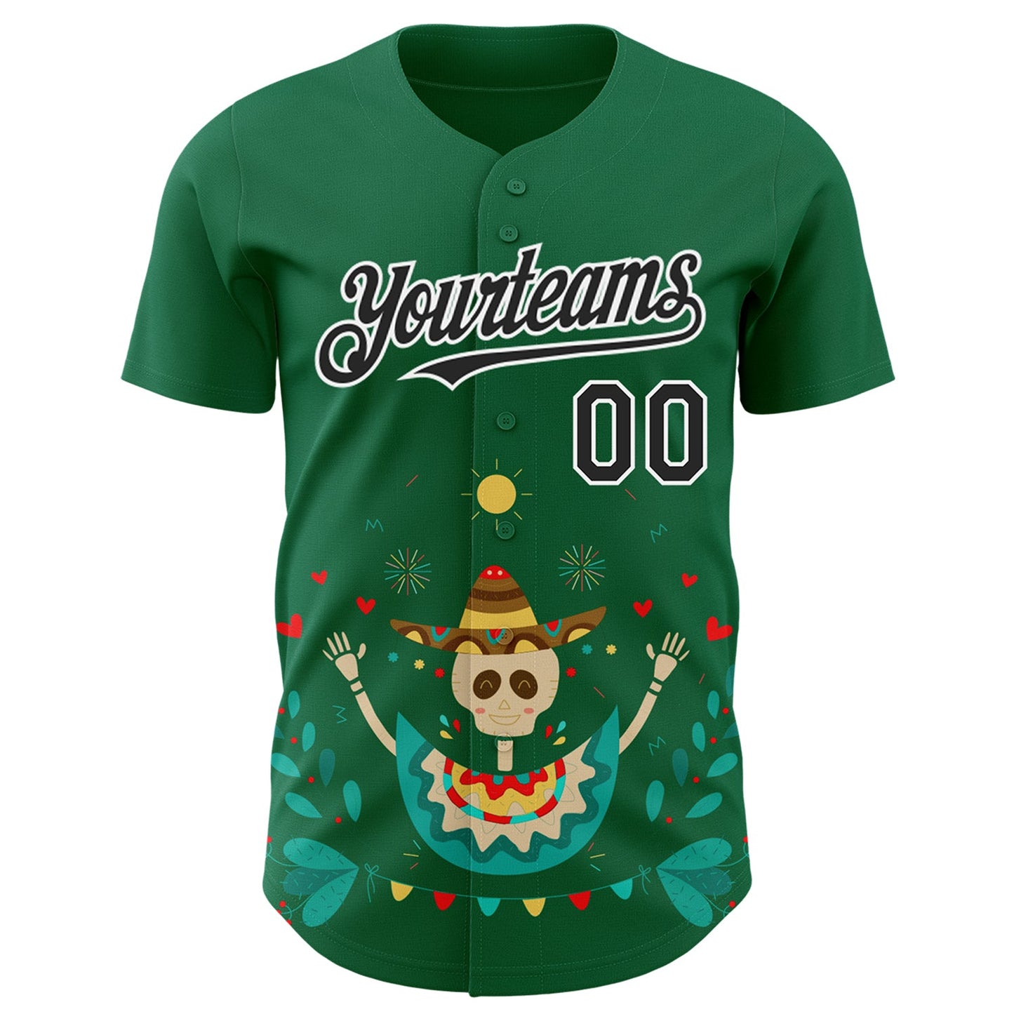 Custom Kelly Green Black-White 3D Mexican Festival Flower Skull With Sombrero Cinco de Mayo Authentic Baseball Jersey view 2