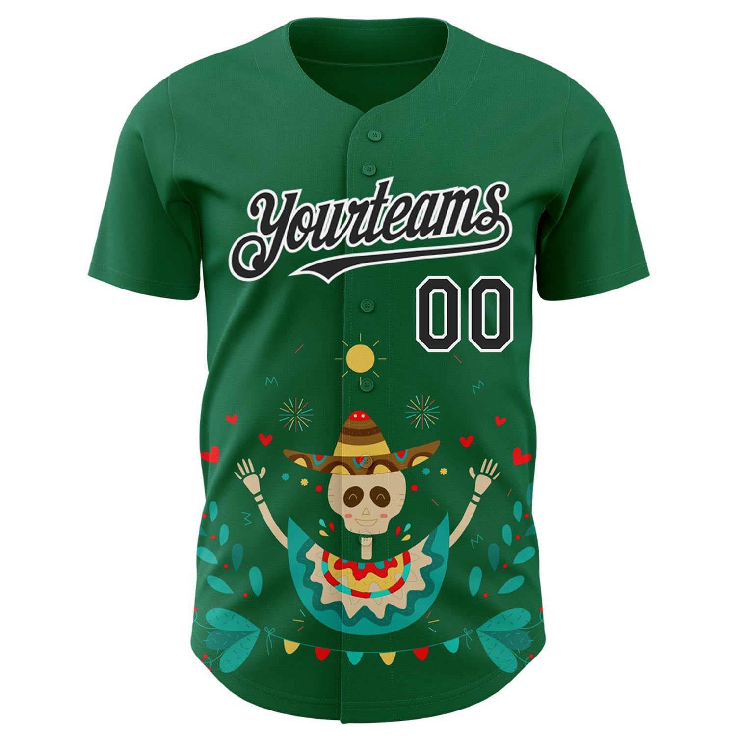Custom Kelly Green Black-White 3D Mexican Festival Flower Skull With Sombrero Cinco de Mayo Authentic Baseball Jersey view 2