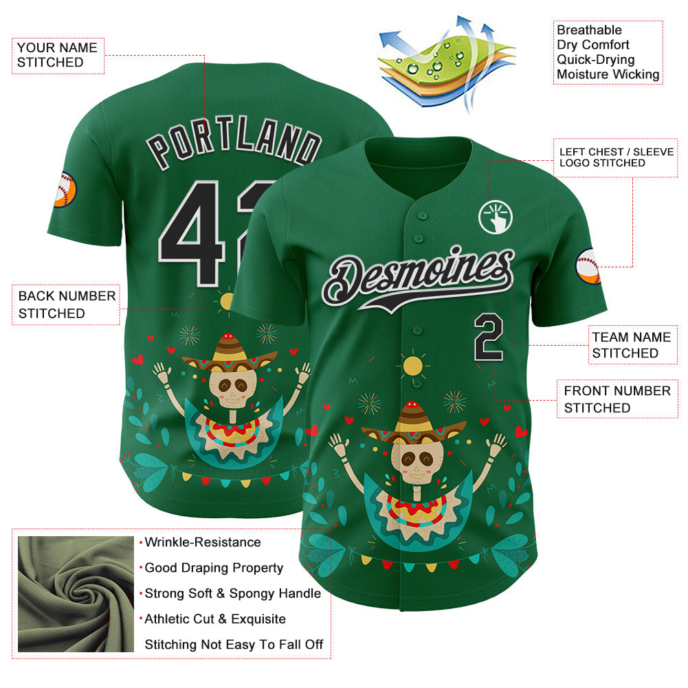 Custom Kelly Green Black-White 3D Mexican Festival Flower Skull With Sombrero Cinco de Mayo Authentic Baseball Jersey view 3