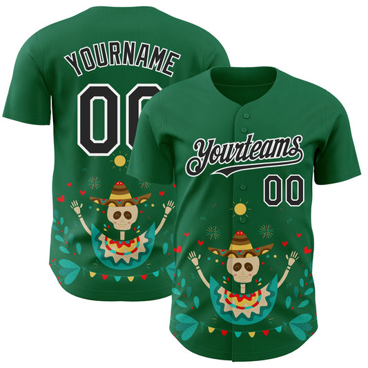 Custom Kelly Green Black-White 3D Mexican Festival Flower Skull With Sombrero Cinco de Mayo Authentic Baseball Jersey - Main View
