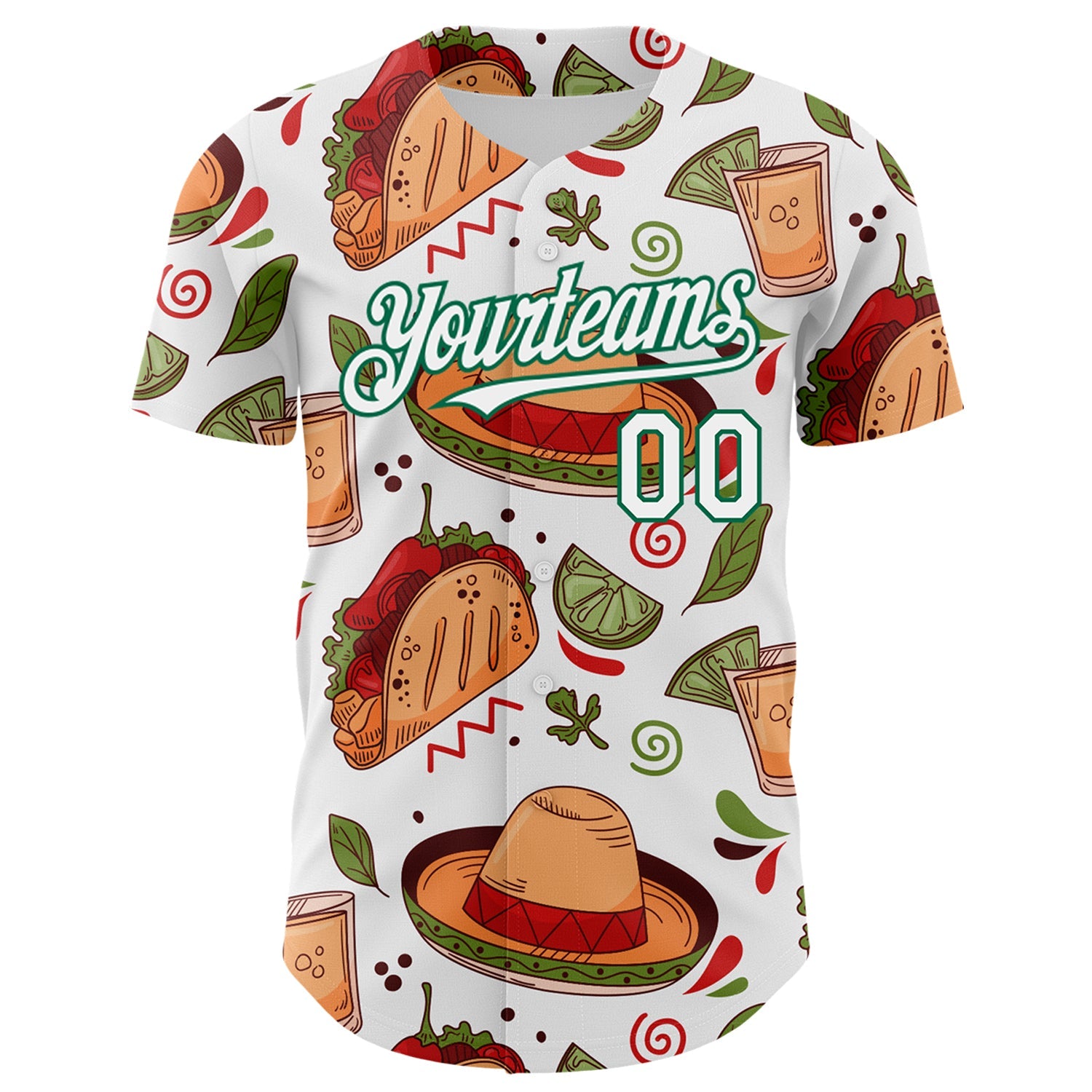 Custom White Kelly Green 3D Mexican Festival Tacos And Sombrero Cinco de Mayo Authentic Baseball Jersey view 2
