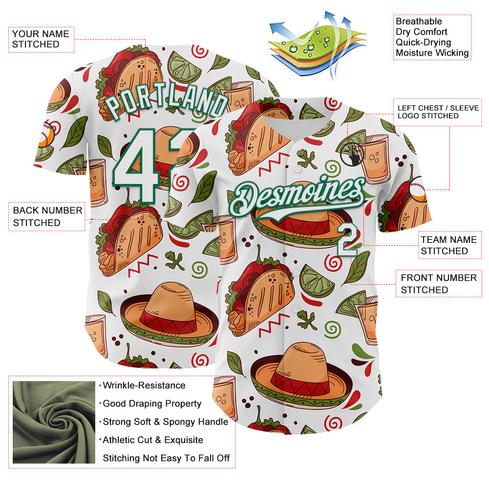 Custom White Kelly Green 3D Mexican Festival Tacos And Sombrero Cinco de Mayo Authentic Baseball Jersey view 3