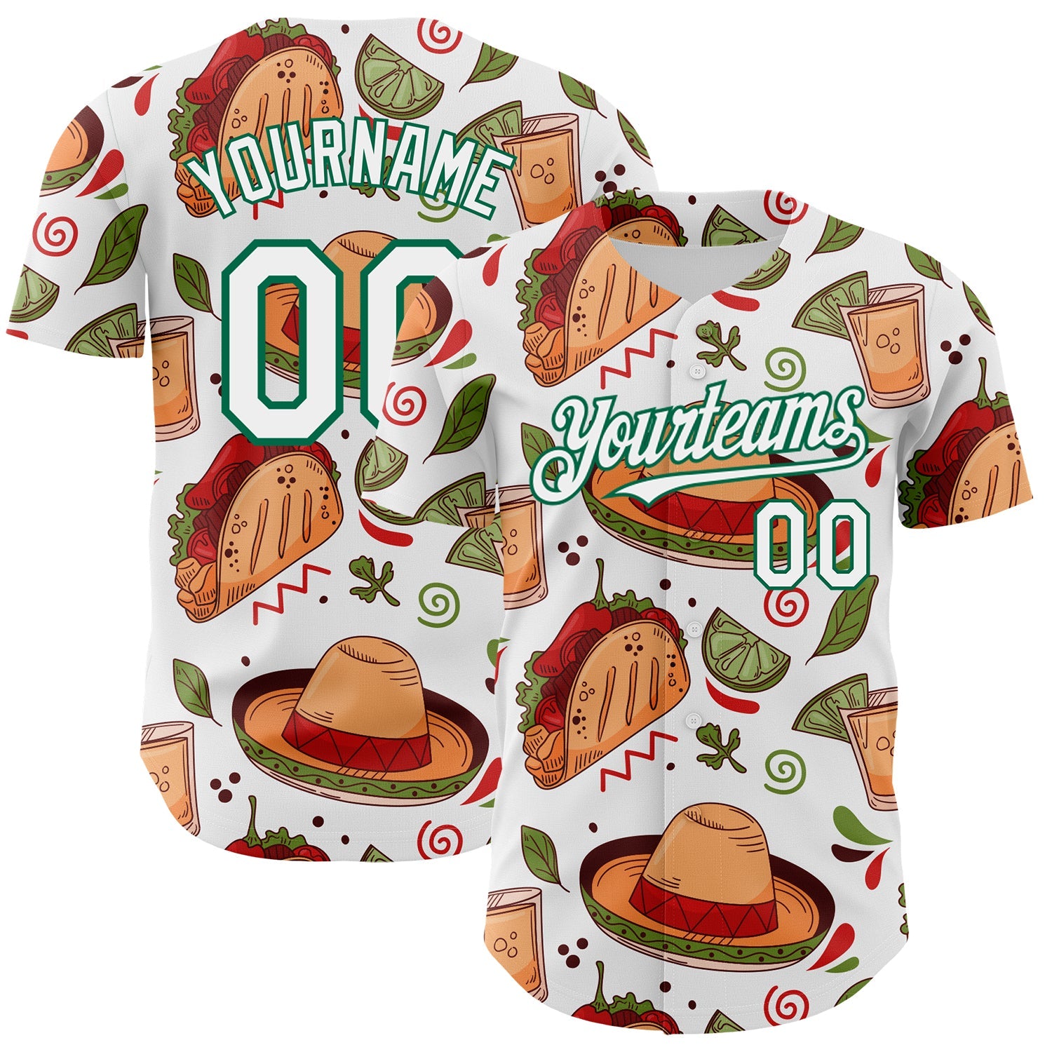 Custom White Kelly Green 3D Mexican Festival Tacos And Sombrero Cinco de Mayo Authentic Baseball Jersey - Main View