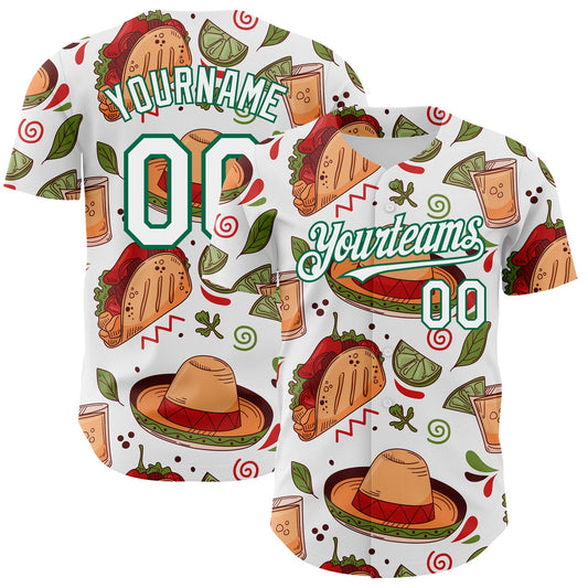 Custom White Kelly Green 3D Mexican Festival Tacos And Sombrero Cinco de Mayo Authentic Baseball Jersey - Main View