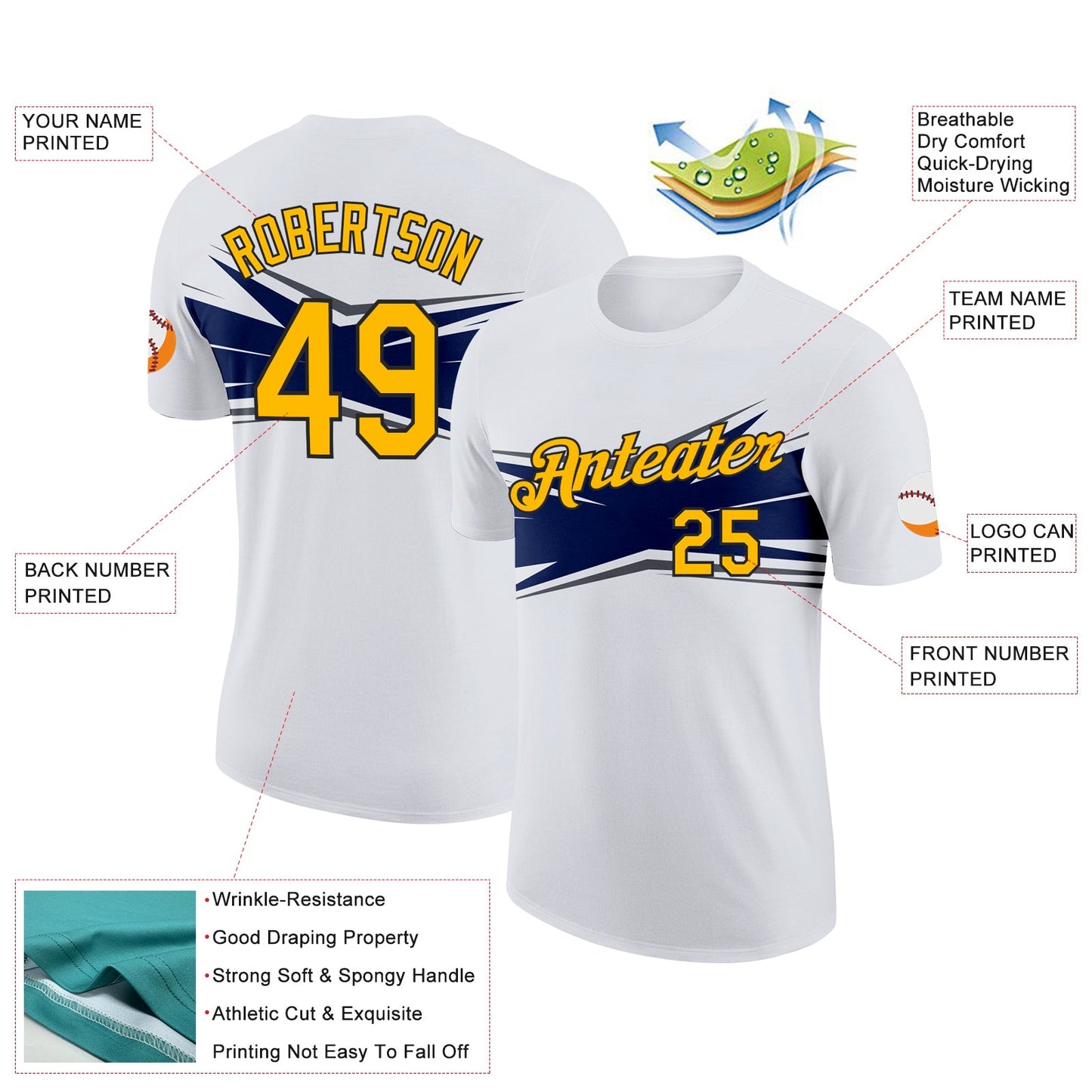 Custom White Gold Navy Gray-Black 3D Esports Performance T-Shirt view 2