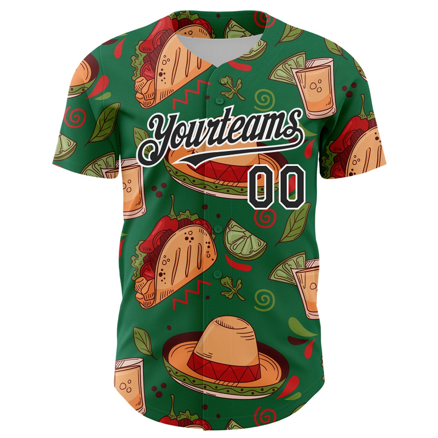 Custom Kelly Green Black-White 3D Mexican Festival Tacos And Sombrero Cinco de Mayo Authentic Baseball Jersey view 2