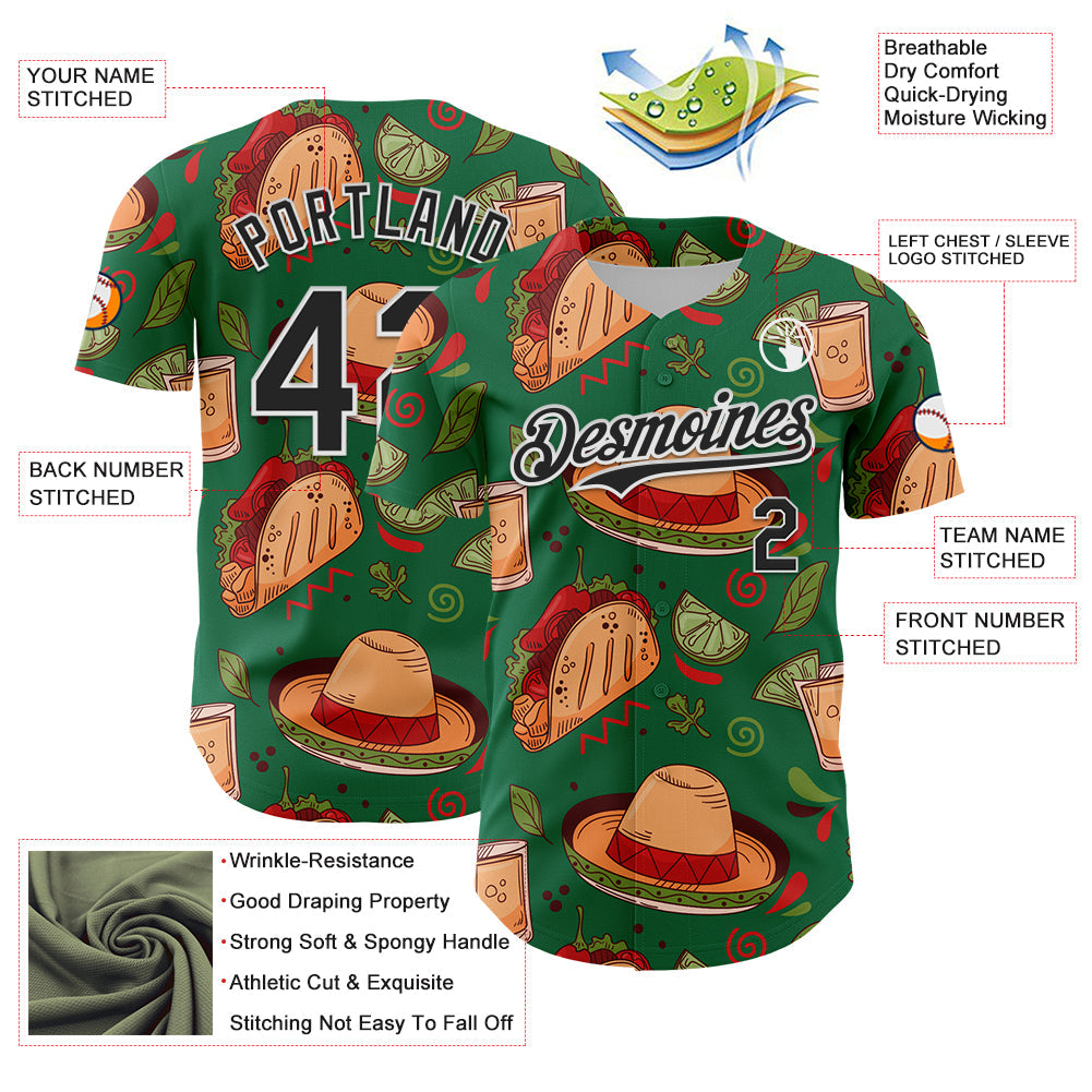 Custom Kelly Green Black-White 3D Mexican Festival Tacos And Sombrero Cinco de Mayo Authentic Baseball Jersey view 3