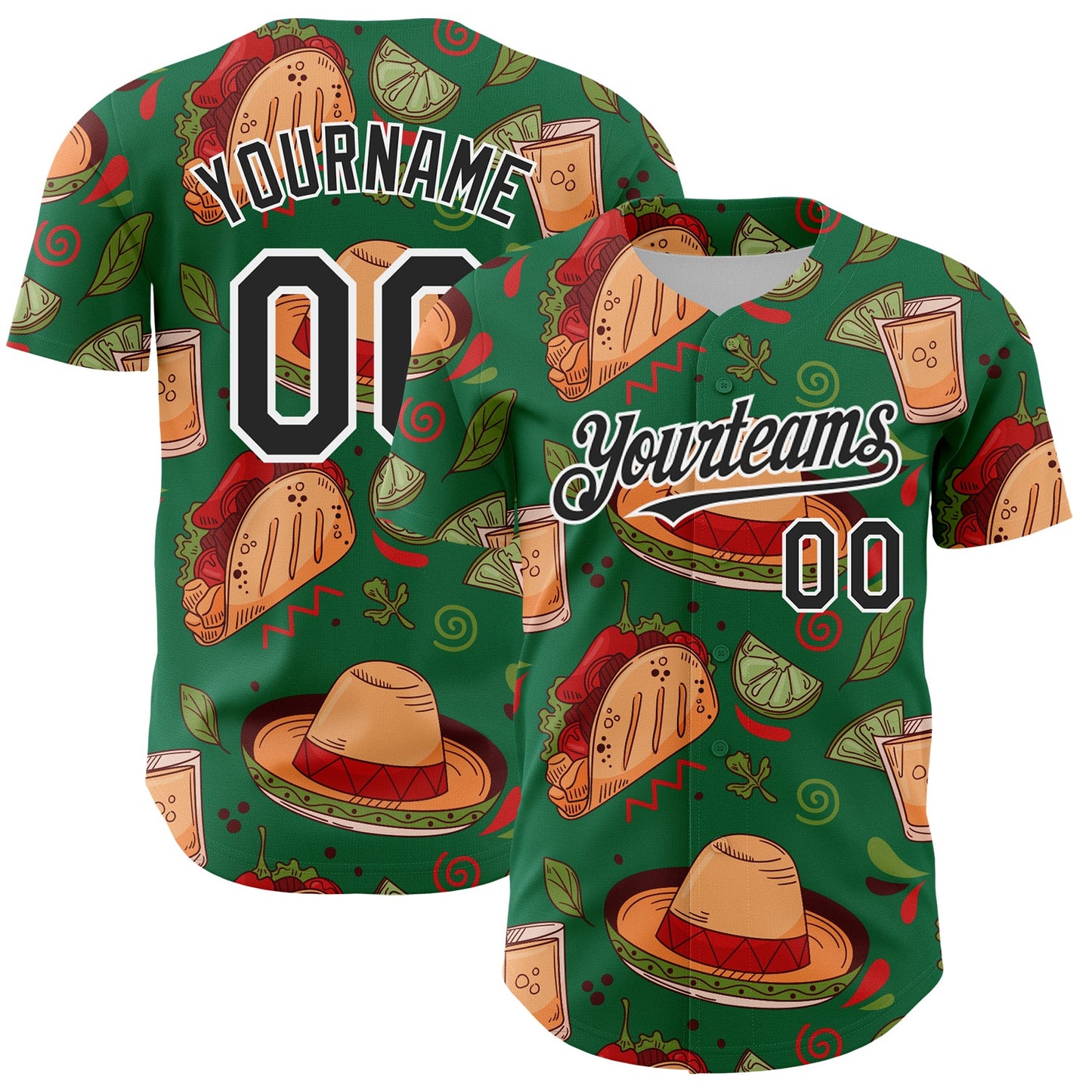 Custom Kelly Green Black-White 3D Mexican Festival Tacos And Sombrero Cinco de Mayo Authentic Baseball Jersey - Main View