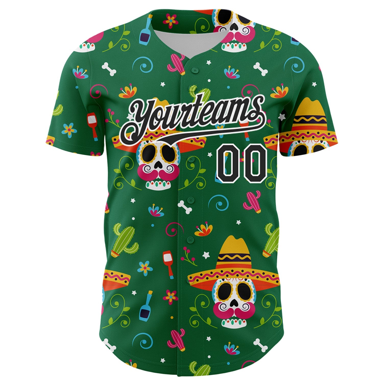 Custom Kelly Green Black-White 3D Mexican Festival Flower Skull With Sombrero Cinco de Mayo Authentic Baseball Jersey view 2
