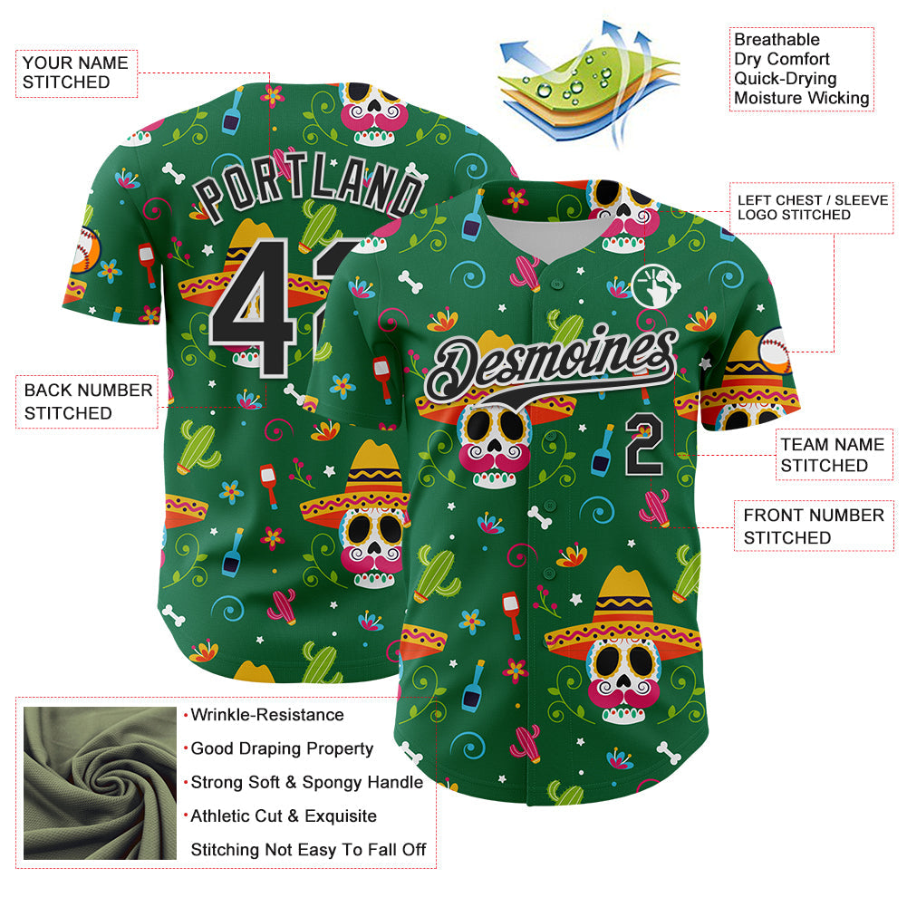 Custom Kelly Green Black-White 3D Mexican Festival Flower Skull With Sombrero Cinco de Mayo Authentic Baseball Jersey view 3