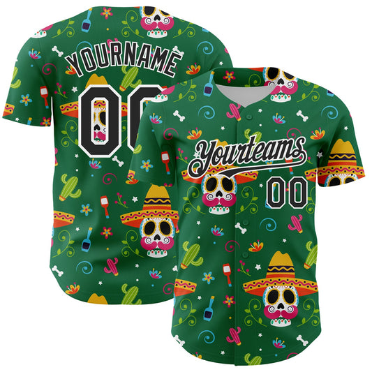 Custom Kelly Green Black-White 3D Mexican Festival Flower Skull With Sombrero Cinco de Mayo Authentic Baseball Jersey - Main View
