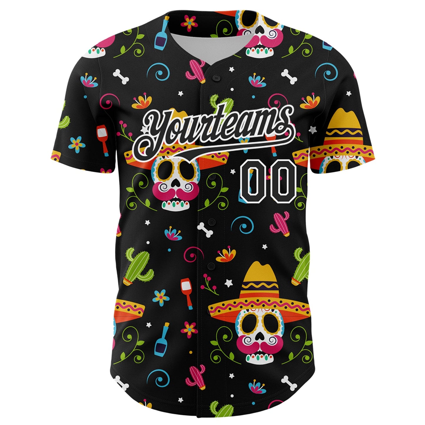 Custom Black White 3D Mexican Festival Flower Skull With Sombrero Cinco de Mayo Authentic Baseball Jersey view 2