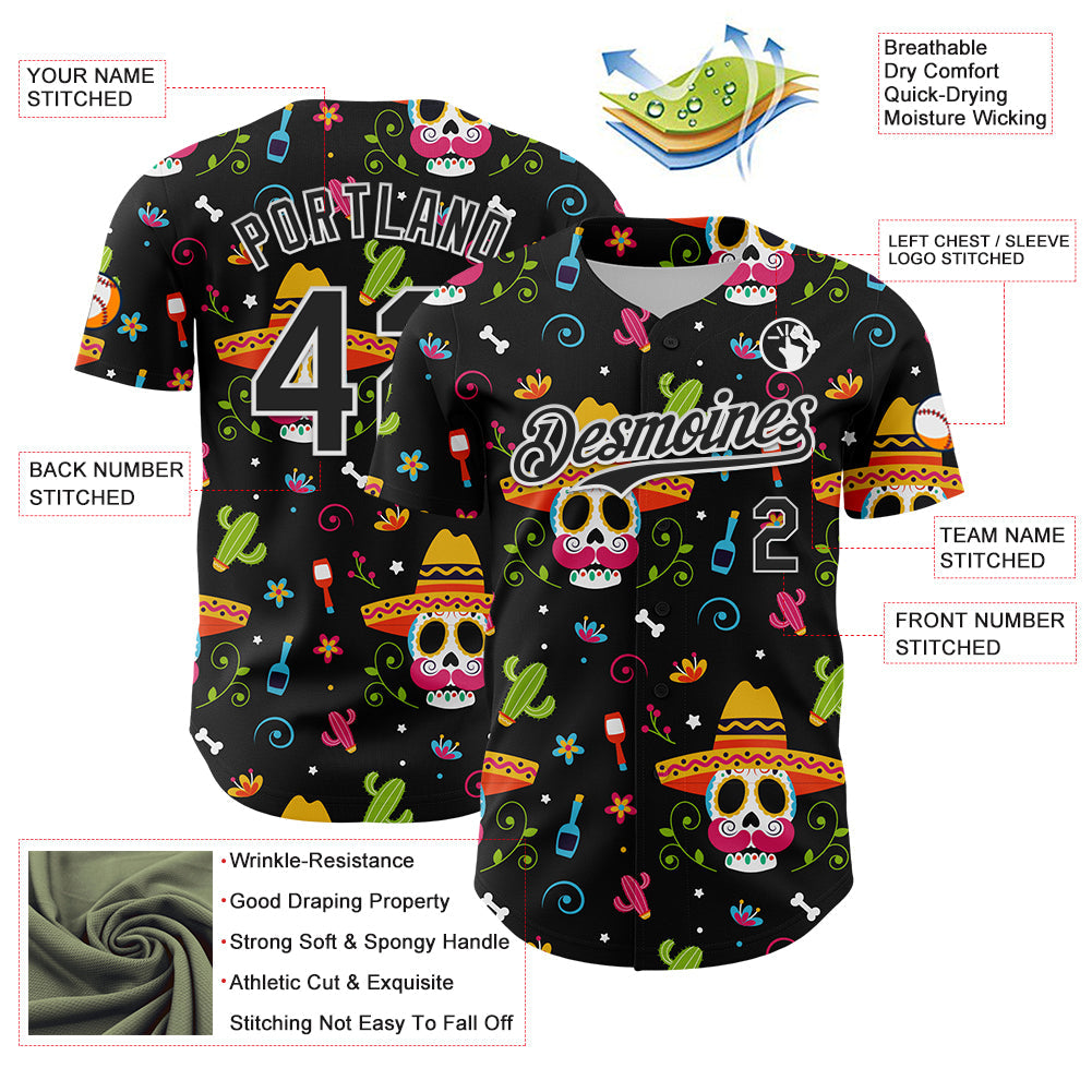 Custom Black White 3D Mexican Festival Flower Skull With Sombrero Cinco de Mayo Authentic Baseball Jersey view 3
