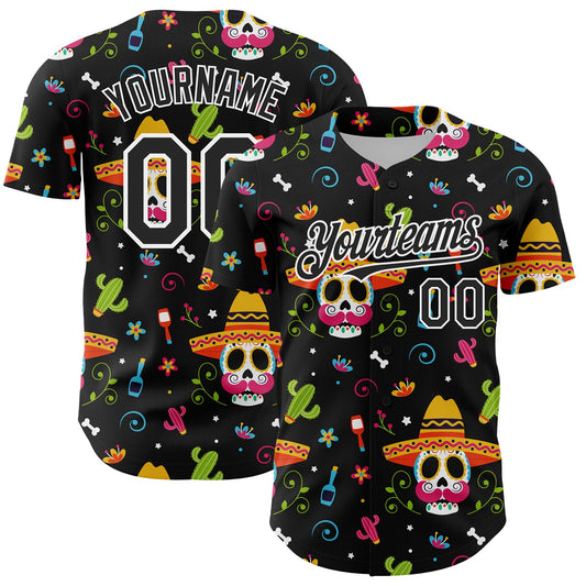 Custom Black White 3D Mexican Festival Flower Skull With Sombrero Cinco de Mayo Authentic Baseball Jersey - Main View