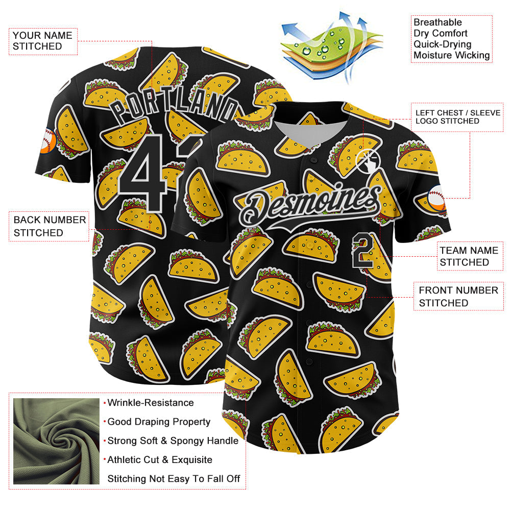 Custom Black White 3D Mexican Festival Taco Cinco de Mayo Authentic Baseball Jersey view 3