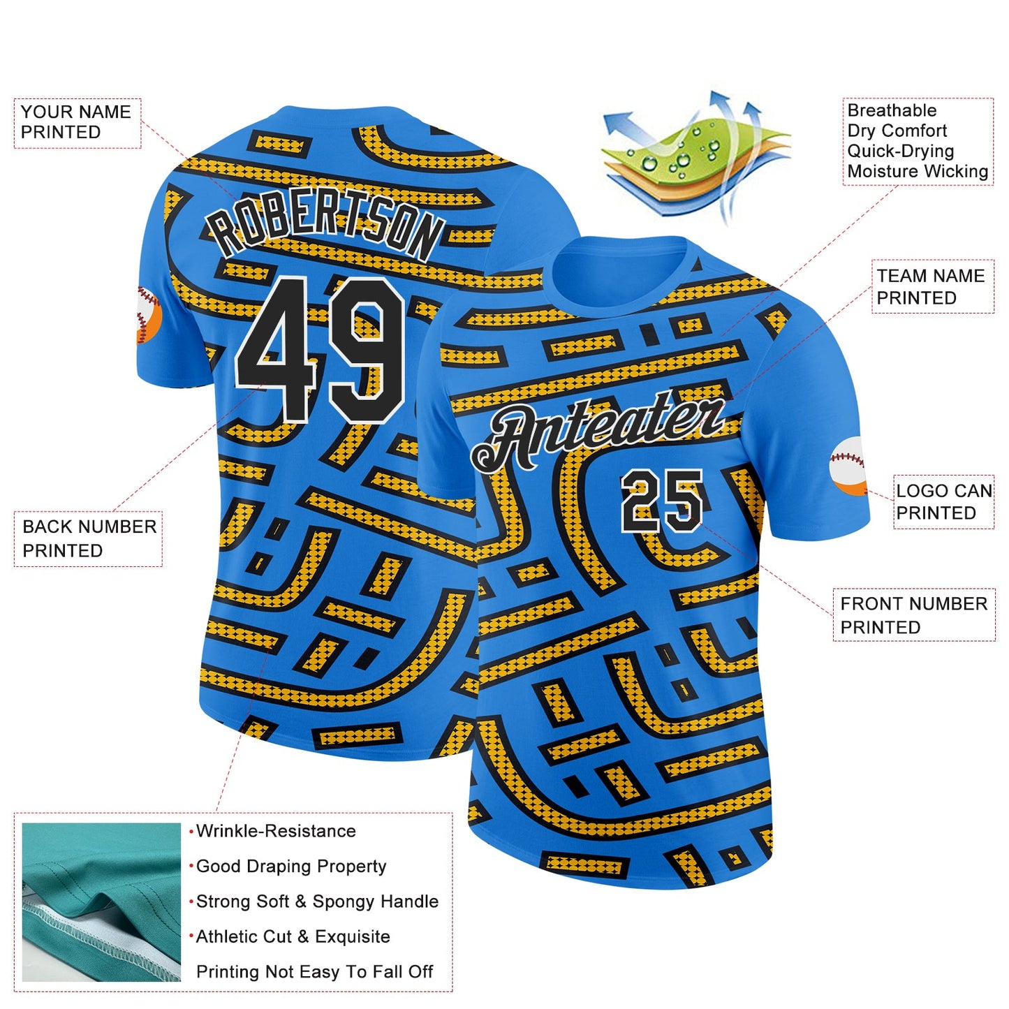 Custom Powder Blue Black-Gold 3D Esports Performance T-Shirt view 2