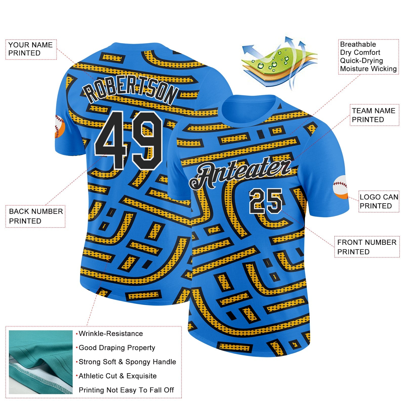Custom Powder Blue Black-Gold 3D Esports Performance T-Shirt view 2