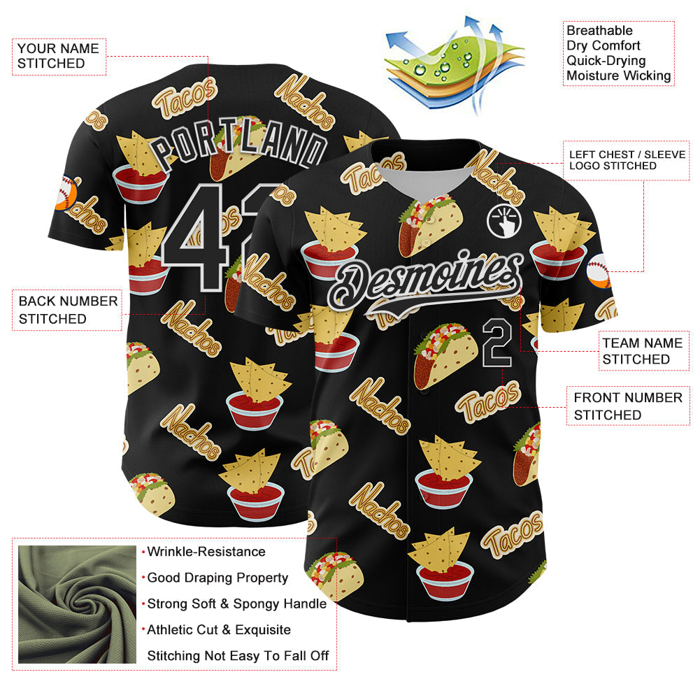 Custom Black White 3D Mexican Festival Nachos And Tacos Cinco de Mayo Authentic Baseball Jersey view 3