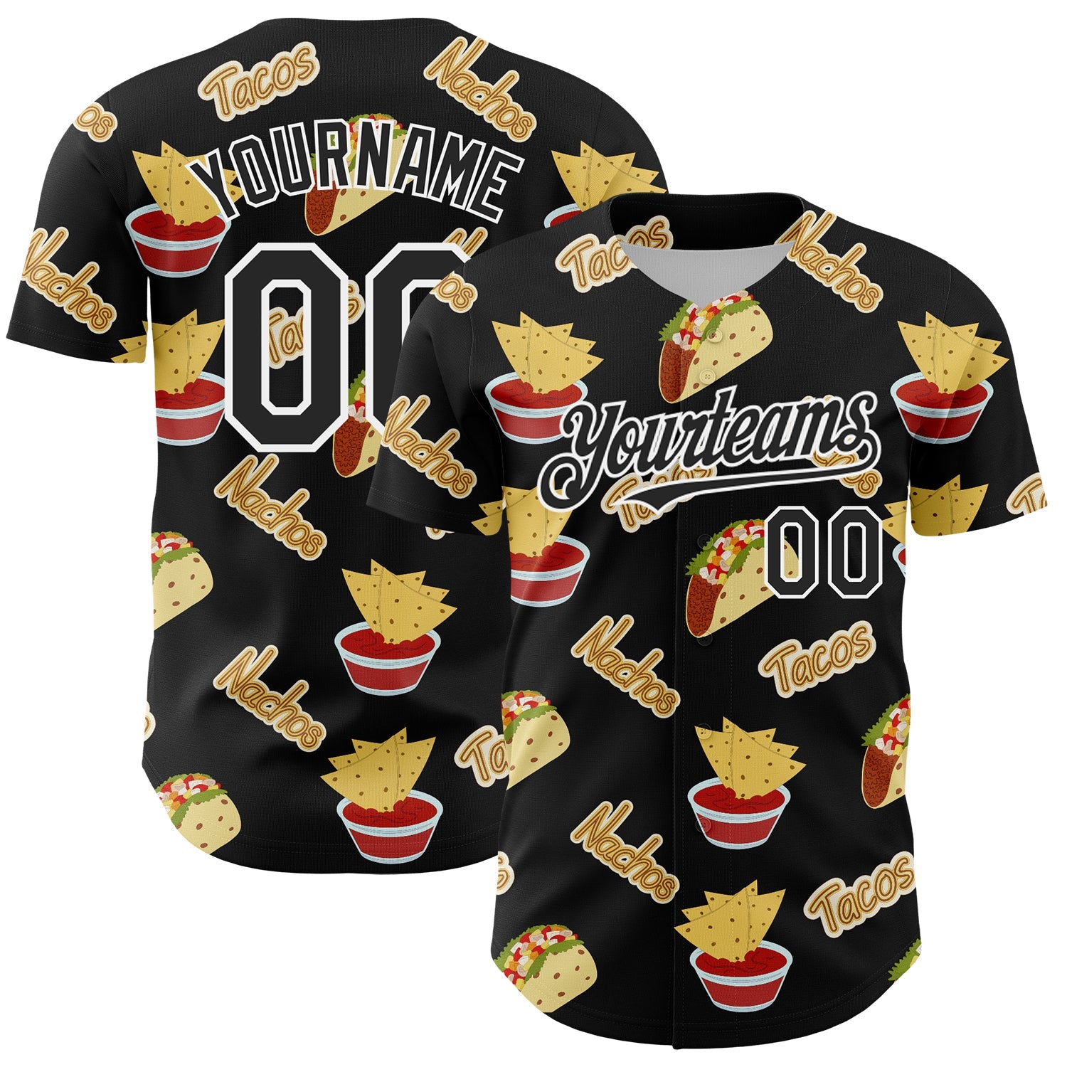 Custom Black White 3D Mexican Festival Nachos And Tacos Cinco de Mayo Authentic Baseball Jersey - Main View