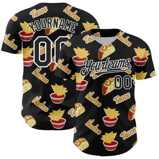 Custom Black White 3D Mexican Festival Nachos And Tacos Cinco de Mayo Authentic Baseball Jersey - Main View