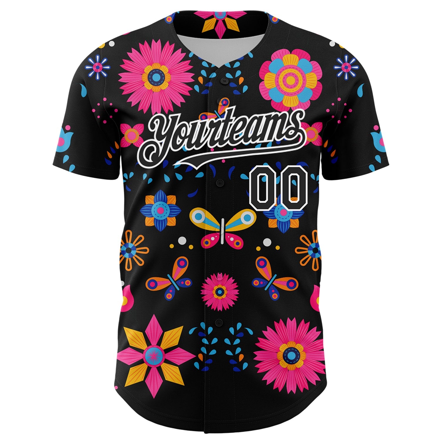 Custom Black White 3D Mexican Festival Flower Cinco de Mayo Authentic Baseball Jersey view 2