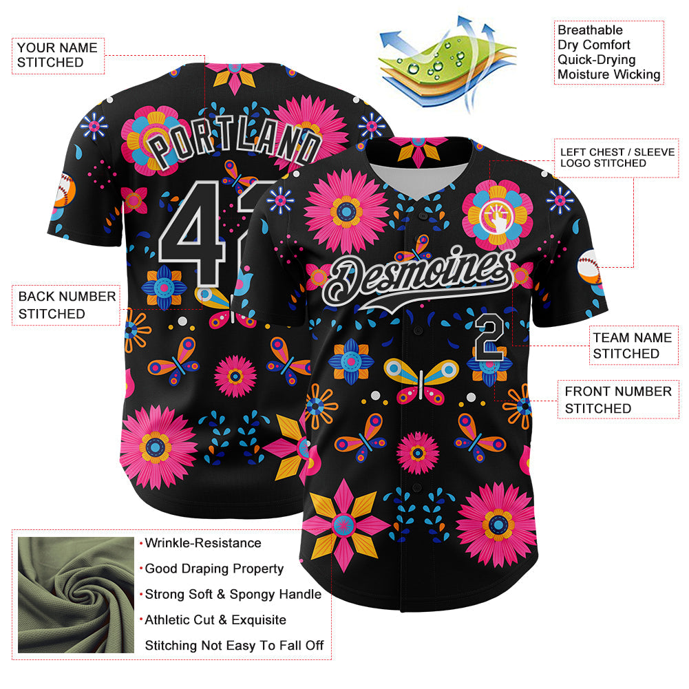 Custom Black White 3D Mexican Festival Flower Cinco de Mayo Authentic Baseball Jersey view 3