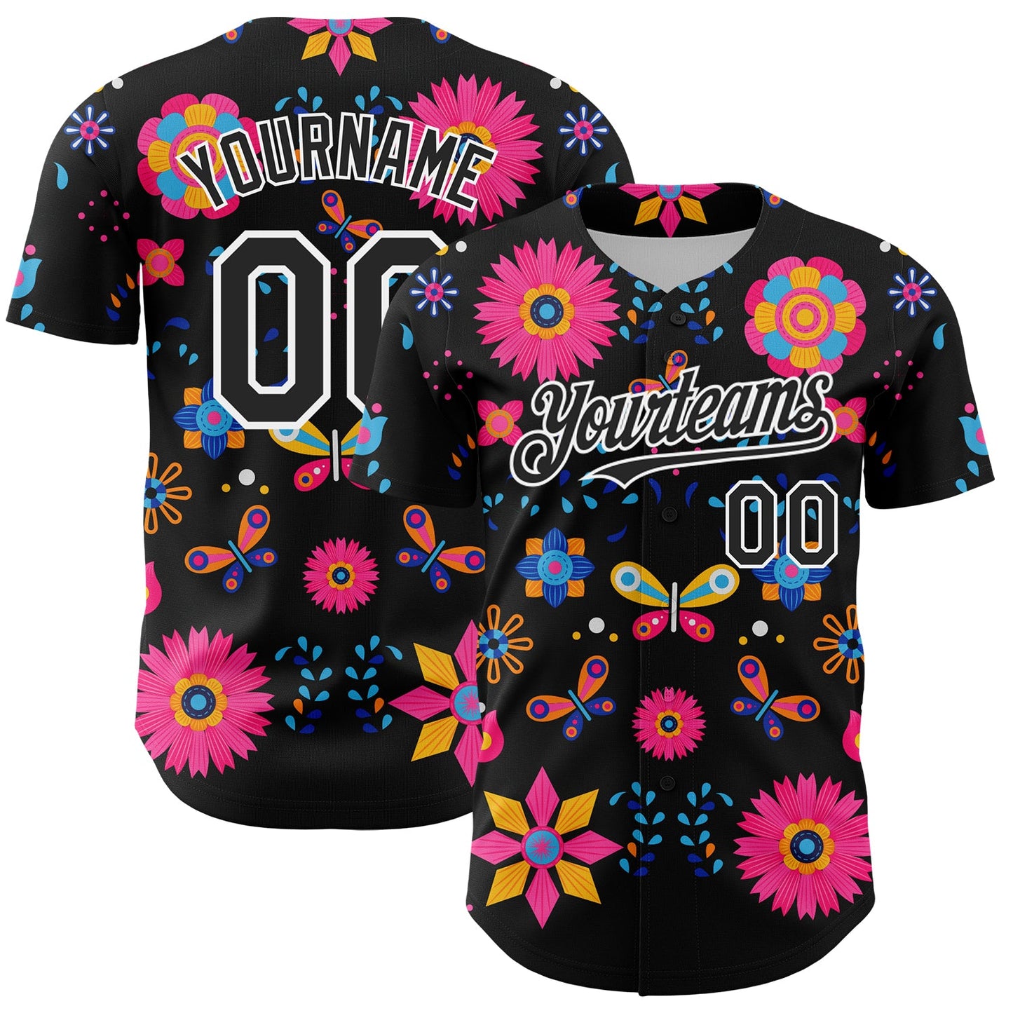 Custom Black White 3D Mexican Festival Flower Cinco de Mayo Authentic Baseball Jersey - Main View