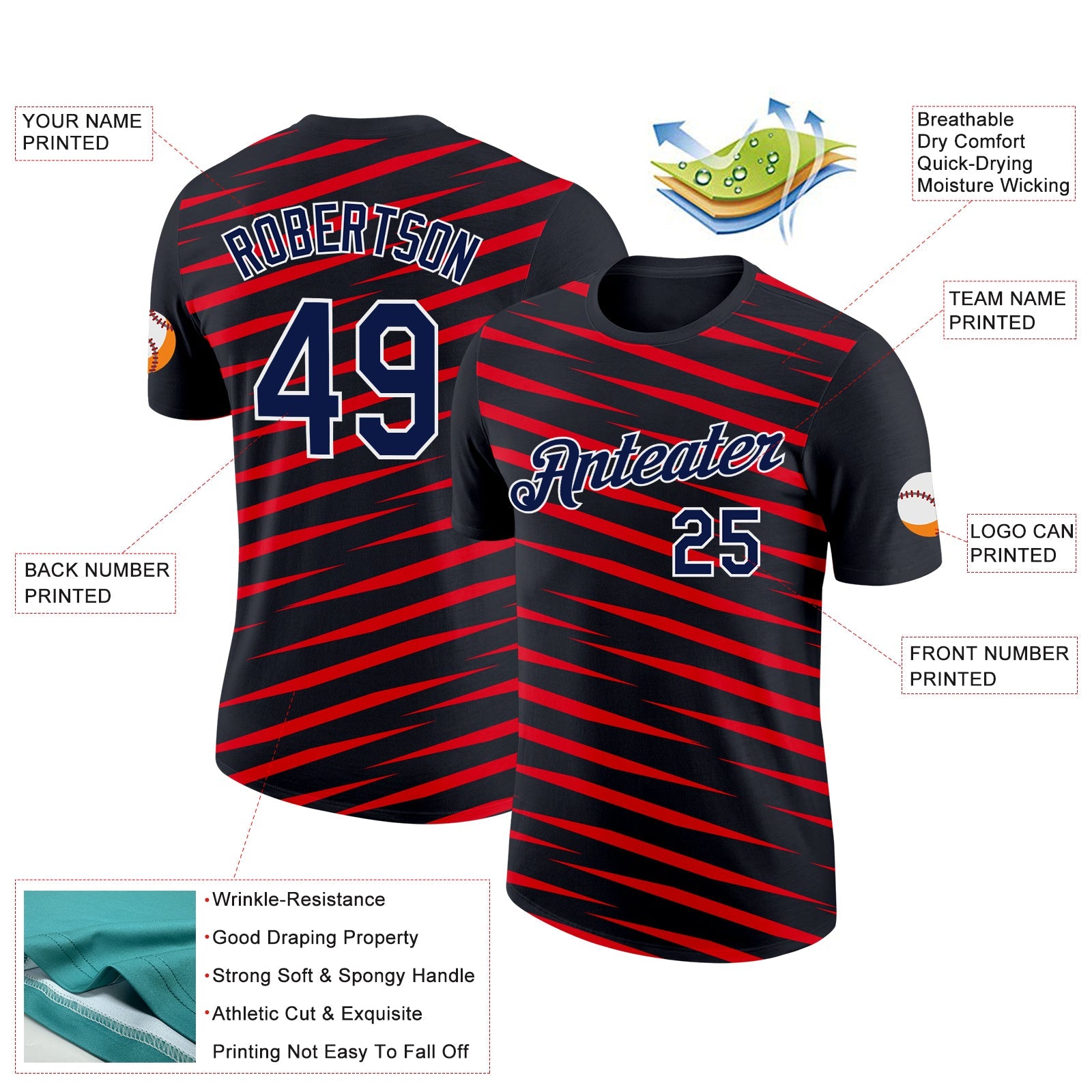 Custom Black Navy-Fire Red 3D Esports Performance T-Shirt view 2