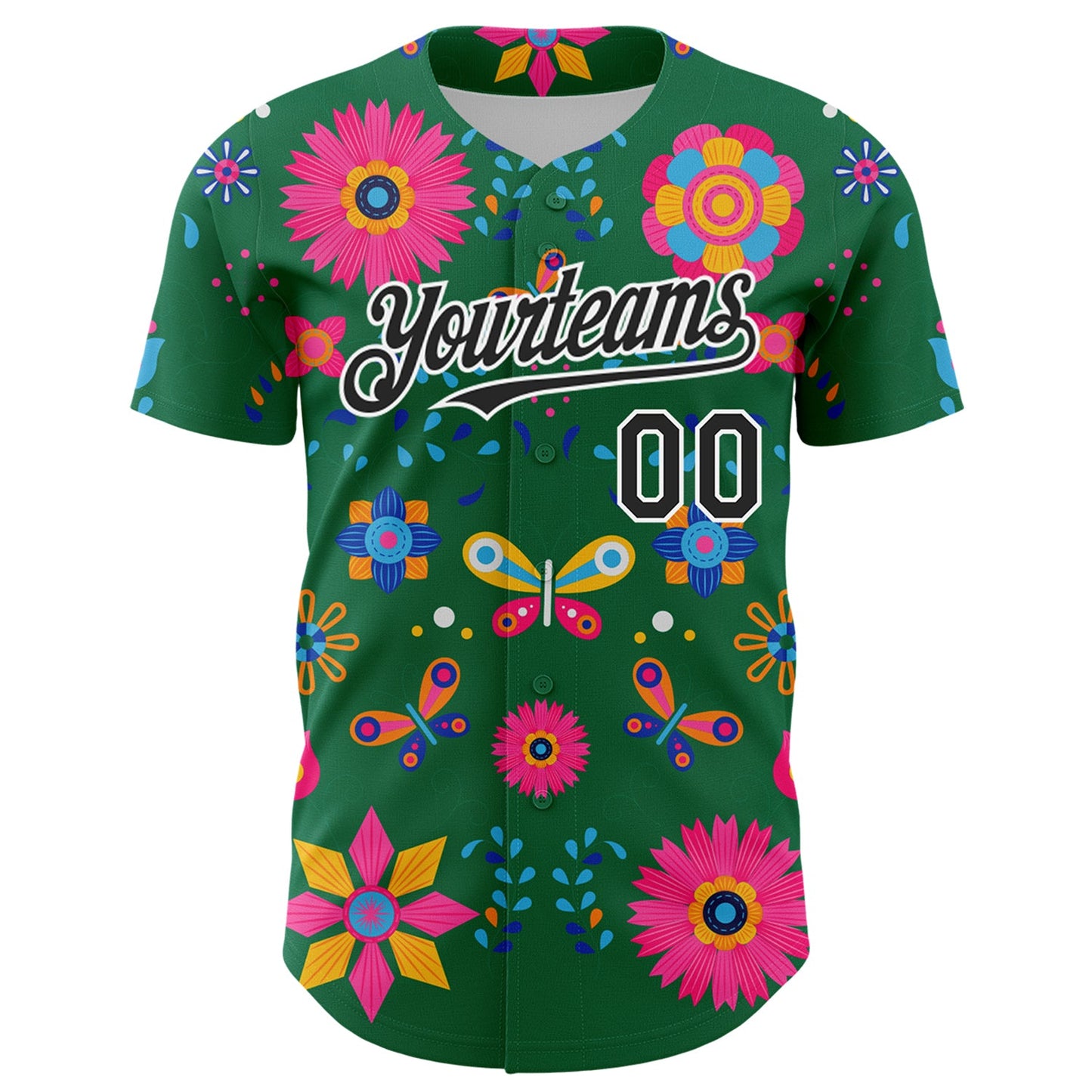 Custom Kelly Green Black-White 3D Mexican Festival Flower Cinco de Mayo Authentic Baseball Jersey view 2