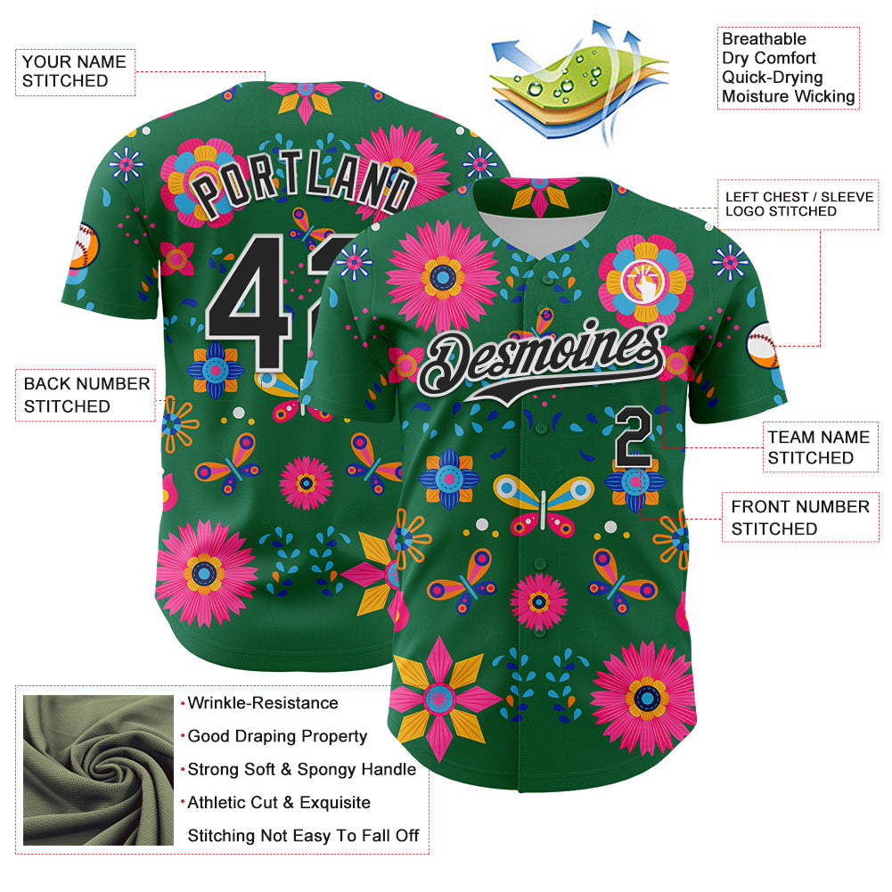 Custom Kelly Green Black-White 3D Mexican Festival Flower Cinco de Mayo Authentic Baseball Jersey view 3