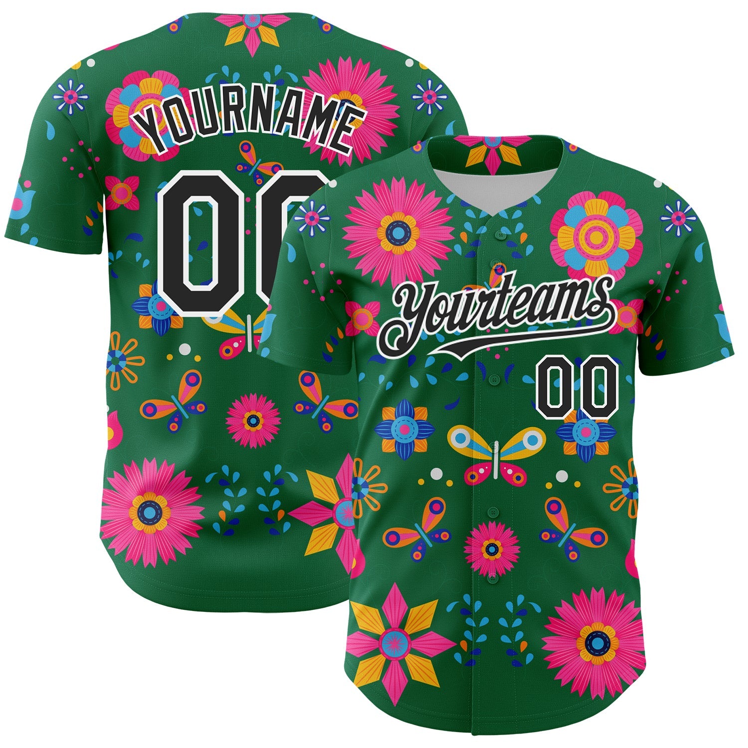 Custom Kelly Green Black-White 3D Mexican Festival Flower Cinco de Mayo Authentic Baseball Jersey - Main View