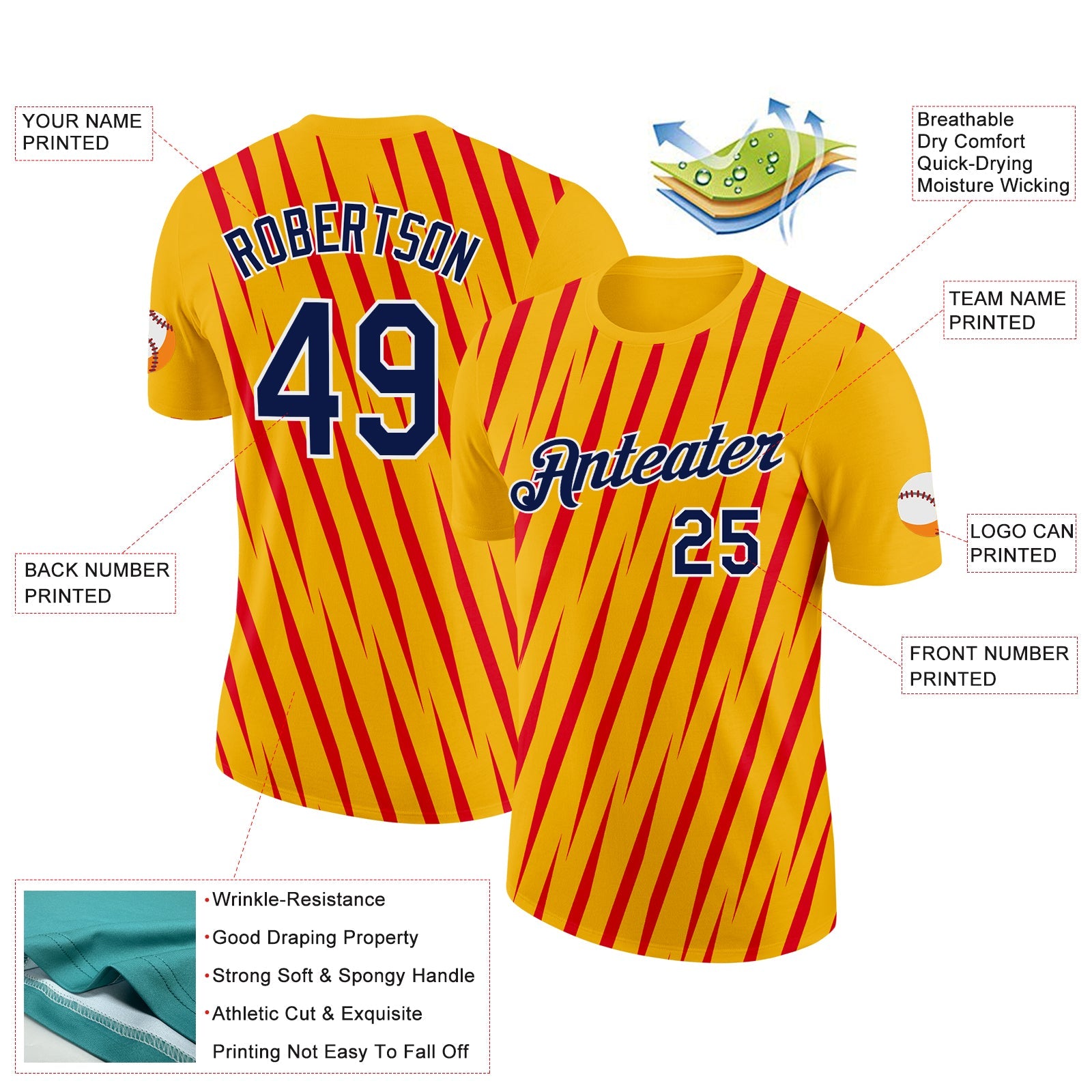 Custom Gold Navy-Fire Red 3D Esports Performance T-Shirt view 2