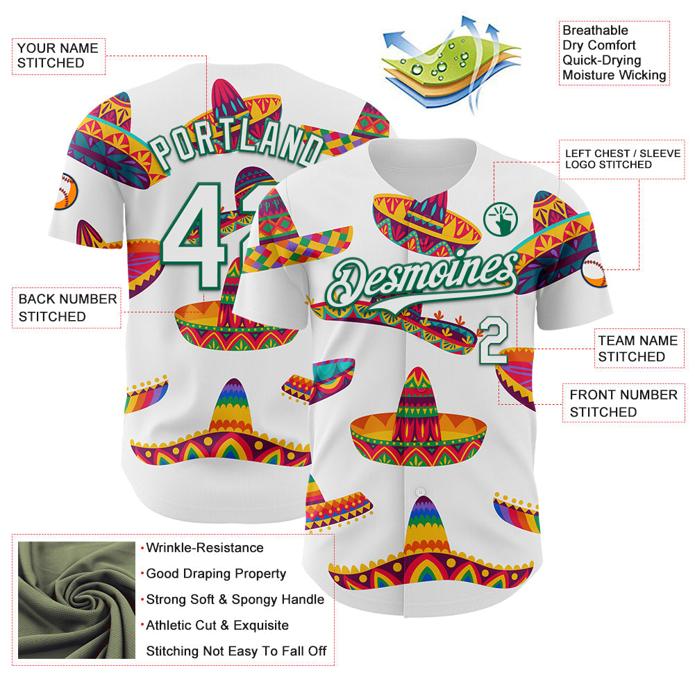 Custom White Kelly Green 3D Mexican Festival Sombrero Cinco de Mayo Authentic Baseball Jersey view 3