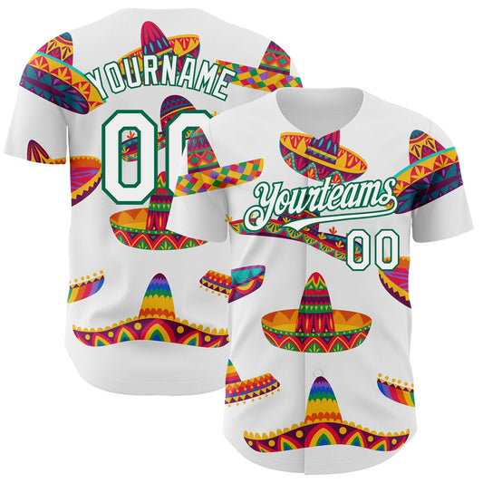 Custom White Kelly Green 3D Mexican Festival Sombrero Cinco de Mayo Authentic Baseball Jersey - Main View